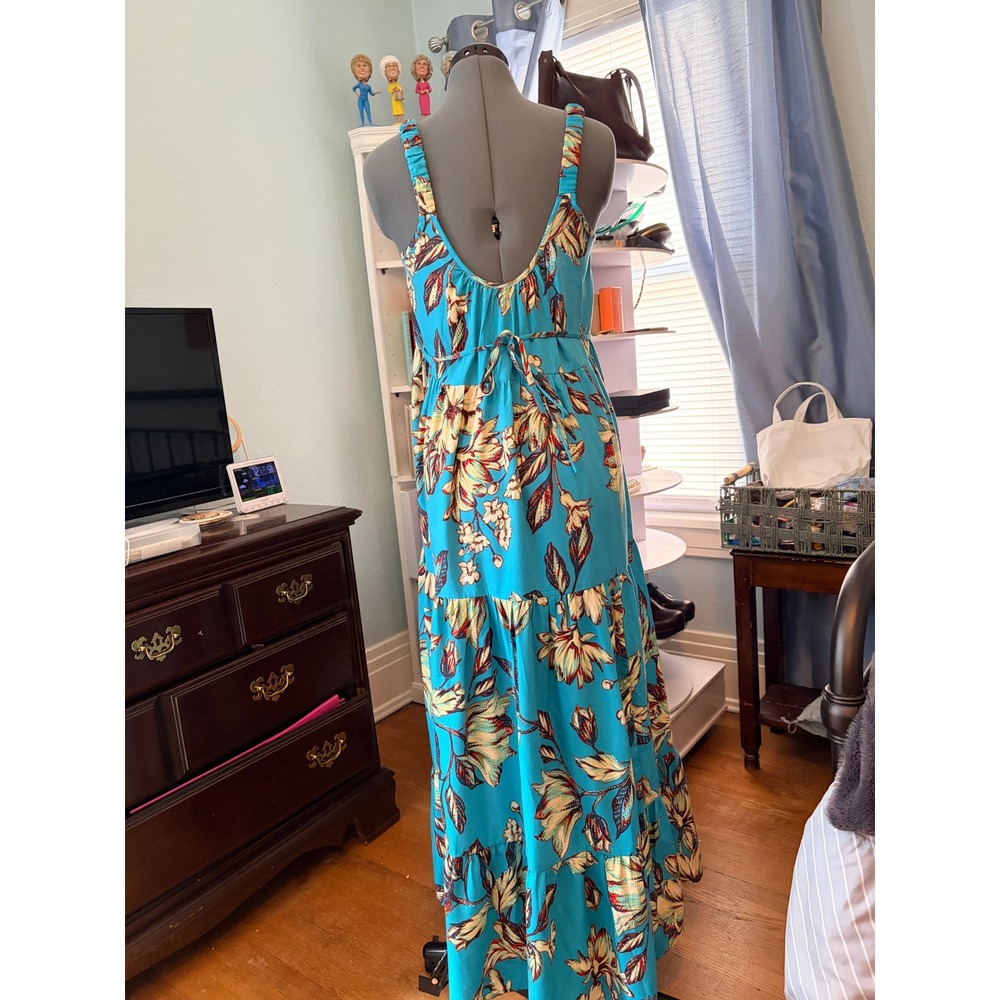 Band of the Free M Turquoise Floral Tiered Maxi Sundress Boho Vacation Wedding - Picture 2 of 10